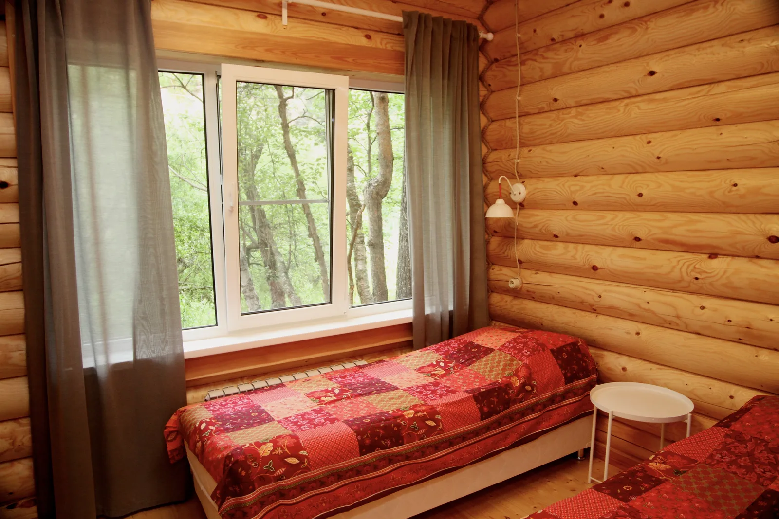 A room inside the wooden cabin